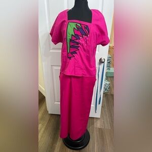 Vintage Tipicano Skirt Shirt 2 Pc Set Hot Pink 80s 90s Mexico Sequin Green